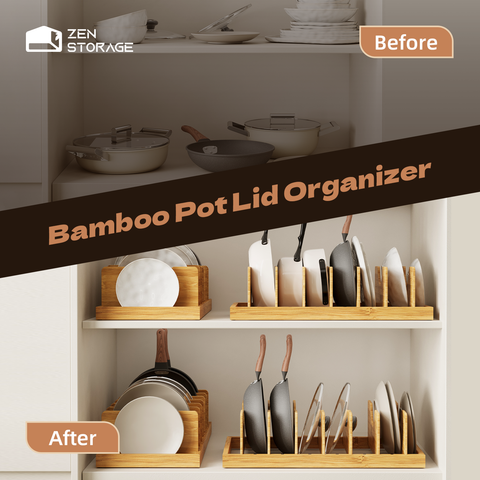 ZenStorage Bamboo Pot Lid Organizer, Bakeware Pot Lid Holders Inside Cabinet