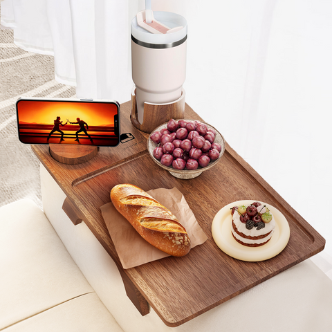 Zenstorage Couch Cup Holder Tray, Acacia Wood Sofa Arm Clip Table with 360° Rotating Phone Holder