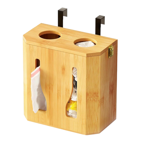 ZenStorage Bamboo Plastic Bag Holder, 2 In 1 Large Grocery Bag Holder Organizer, Hanging Trash Bag Dispenser Roll Holder, Wall Mount Trash Bag Holder with Lid for Kitchen,Fit 13 Gallon Rolls
