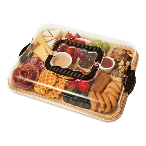Zenstorge Bamboo Charcuetrie Board with Lid and Handle | Portable Travel Cheese Board for Charcuterie, Snacks | Housewarming Gifts for Weddings, Bridal Shower, Parties (6 Compartments,11x14 Inch)