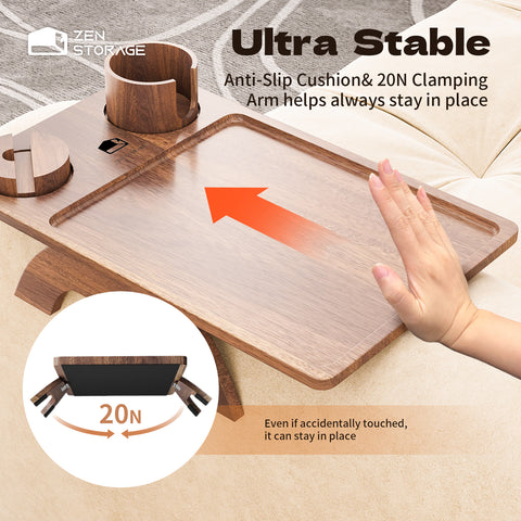 Zenstorage Couch Cup Holder Tray, Acacia Wood Sofa Arm Clip Table with 360° Rotating Phone Holder