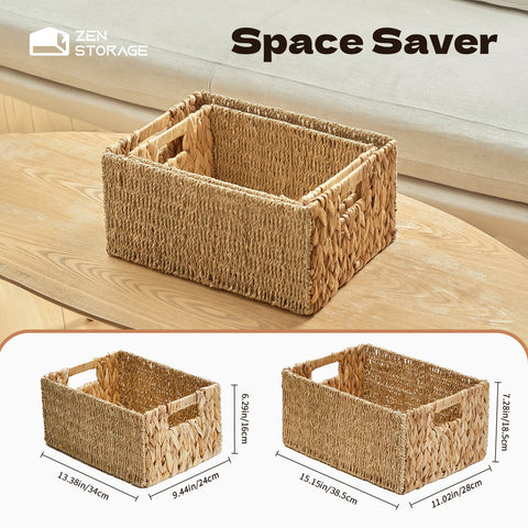 ZenStorage Wicker Storage Basket with Built-in Handle, Water Hyacinth Storage Basket for Shelf/Cabinet, Square Wicker Basket for Towel/Book/Magazine/Toy/Blanket/DVD, Set of 2, Large and Small