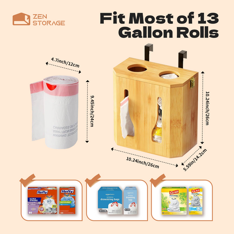 ZenStorage Bamboo Plastic Bag Holder, 2 In 1 Large Grocery Bag Holder Organizer, Hanging Trash Bag Dispenser Roll Holder, Wall Mount Trash Bag Holder with Lid for Kitchen,Fit 13 Gallon Rolls