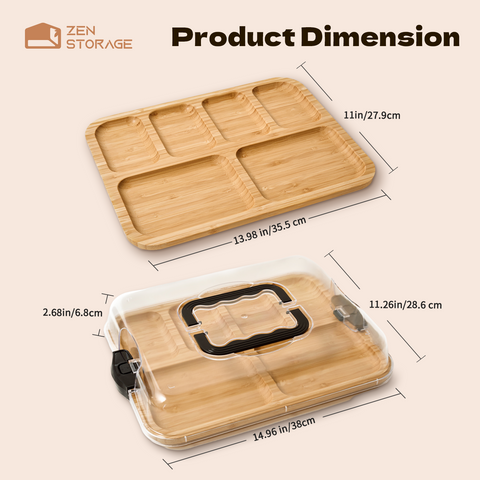 Zenstorge Bamboo Charcuetrie Board with Lid and Handle | Portable Travel Cheese Board for Charcuterie, Snacks | Housewarming Gifts for Weddings, Bridal Shower, Parties (6 Compartments,11x14 Inch)