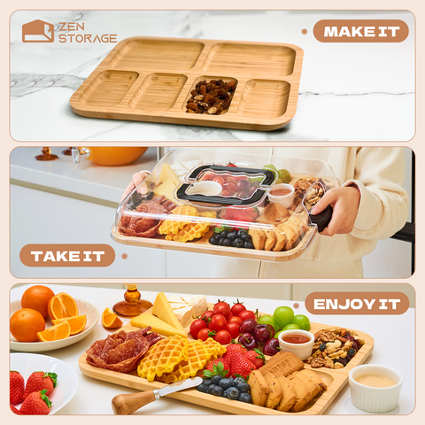 Zenstorge Bamboo Charcuetrie Board with Lid and Handle | Portable Travel Cheese Board for Charcuterie, Snacks | Housewarming Gifts for Weddings, Bridal Shower, Parties (6 Compartments,11x14 Inch)