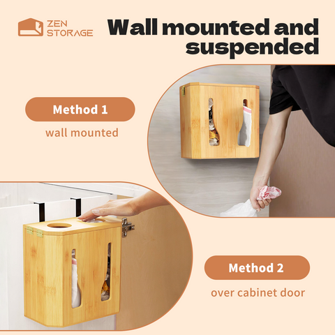 ZenStorage Bamboo Plastic Bag Holder, 2 In 1 Large Grocery Bag Holder Organizer, Hanging Trash Bag Dispenser Roll Holder, Wall Mount Trash Bag Holder with Lid for Kitchen,Fit 13 Gallon Rolls
