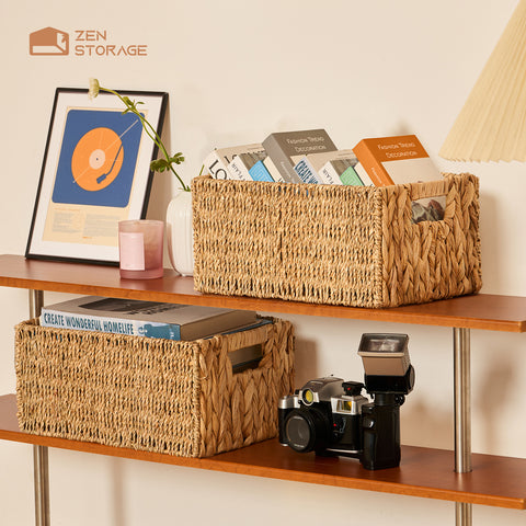 ZenStorage Wicker Storage Basket with Built-in Handle, Water Hyacinth Storage Basket for Shelf/Cabinet, Square Wicker Basket for Towel/Book/Magazine/Toy/Blanket/DVD, Set of 2, Large and Small