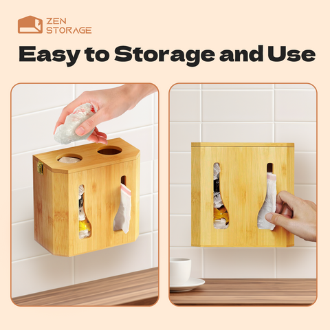 ZenStorage Bamboo Plastic Bag Holder, 2 In 1 Large Grocery Bag Holder Organizer, Hanging Trash Bag Dispenser Roll Holder, Wall Mount Trash Bag Holder with Lid for Kitchen,Fit 13 Gallon Rolls