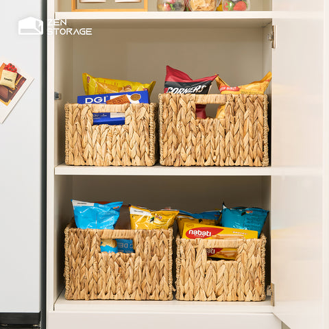 ZenStorage Wicker Storage Basket with Built-in Handle, Water Hyacinth Storage Basket for Shelf/Cabinet, Square Wicker Basket for Towel/Book/Magazine/Toy/Blanket/DVD, Set of 2, Large and Small