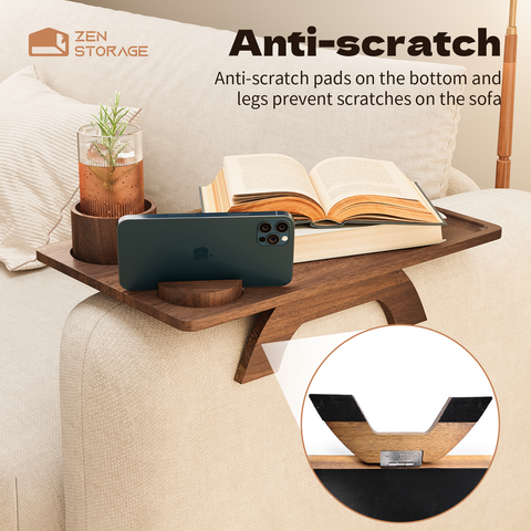 Zenstorage Couch Cup Holder Tray, Acacia Wood Sofa Arm Clip Table with 360° Rotating Phone Holder