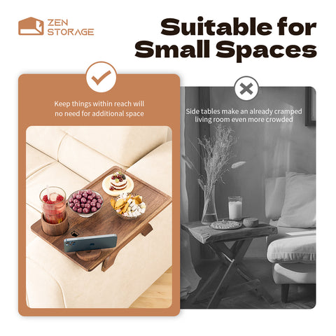 Zenstorage Couch Cup Holder Tray, Acacia Wood Sofa Arm Clip Table with 360° Rotating Phone Holder
