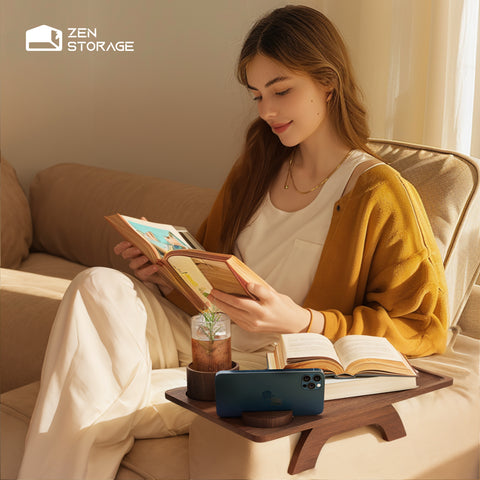 Zenstorage Couch Cup Holder Tray, Acacia Wood Sofa Arm Clip Table with 360° Rotating Phone Holder