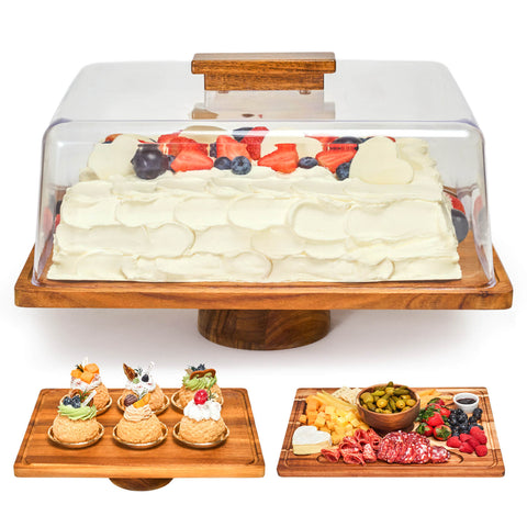 ZenStorage Rectangular Acacia Wood Cake Display Stand with Acrylic Dome Lid - 2-in-1 Footed Cake Holder, Cake Plate Display with Cover for Baking Gifts, Dessert Table Display Set & Charcuterie Board