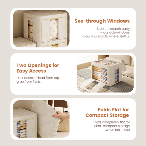 3Pack 60L Large Cloth Storage Bins with Metal Frame, Linen Storage Box with Clear Window, Stackable Sweater Storage for Closet, Clothes Containers for Comforters, Blankets, Quilts, T-shirt