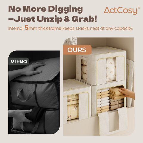 3Pack 60L Large Cloth Storage Bins with Metal Frame, Linen Storage Box with Clear Window, Stackable Sweater Storage for Closet, Clothes Containers for Comforters, Blankets, Quilts, T-shirt