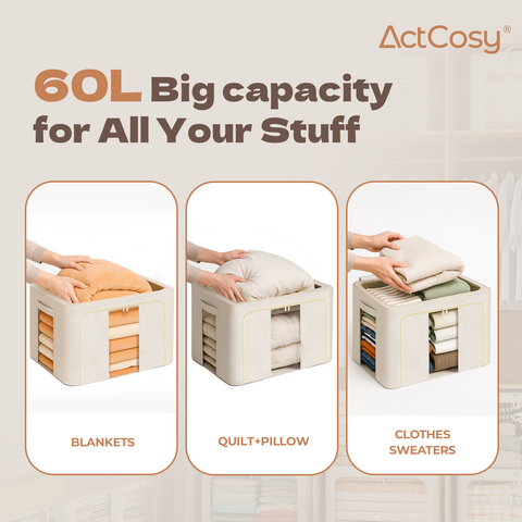 3Pack 60L Large Cloth Storage Bins with Metal Frame, Linen Storage Box with Clear Window, Stackable Sweater Storage for Closet, Clothes Containers for Comforters, Blankets, Quilts, T-shirt