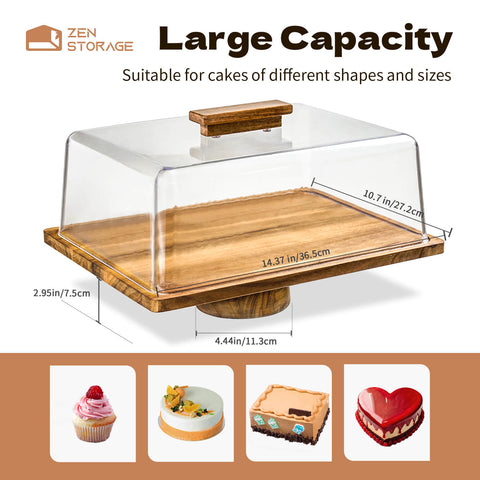 ZenStorage Rectangular Acacia Wood Cake Display Stand with Acrylic Dome Lid - 2-in-1 Footed Cake Holder, Cake Plate Display with Cover for Baking Gifts, Dessert Table Display Set & Charcuterie Board