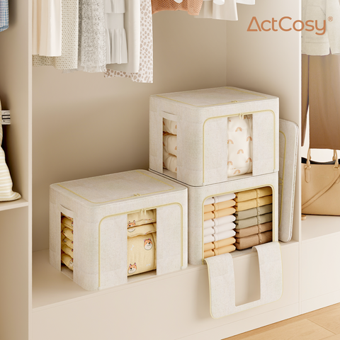 3Pack 60L Large Cloth Storage Bins with Metal Frame, Linen Storage Box with Clear Window, Stackable Sweater Storage for Closet, Clothes Containers for Comforters, Blankets, Quilts, T-shirt