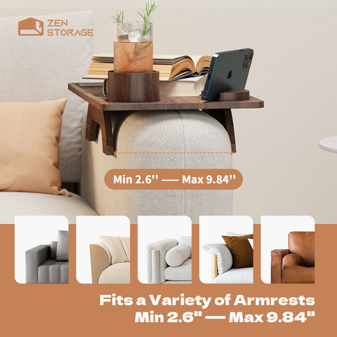 Zenstorage Couch Cup Holder Tray Acacia Wood Sofa Arm Clip Table with ZenStorage